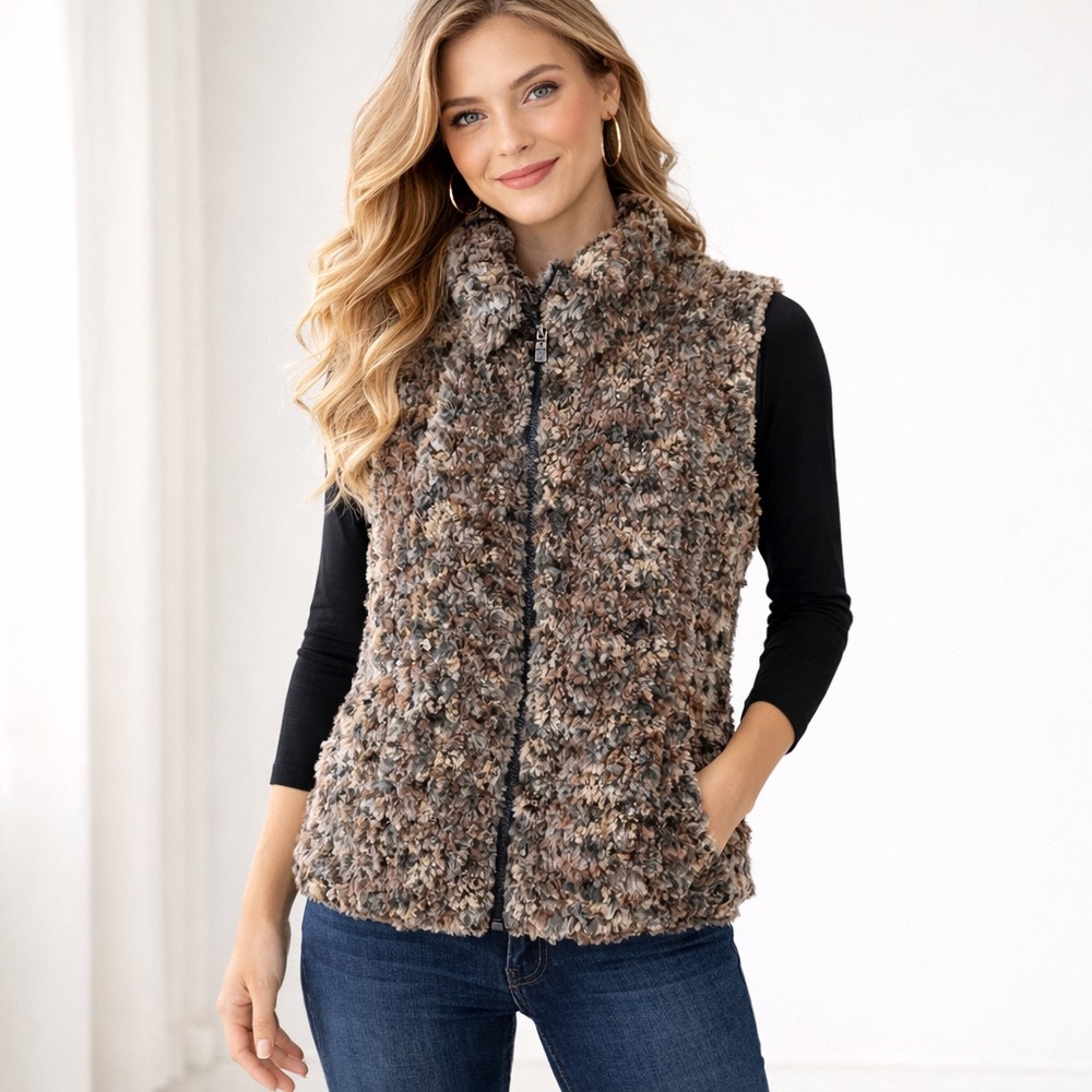 Ubu Fluffy Fleece Reversible Full Zip Vest Womens Stand Collar Faux Fur Size L